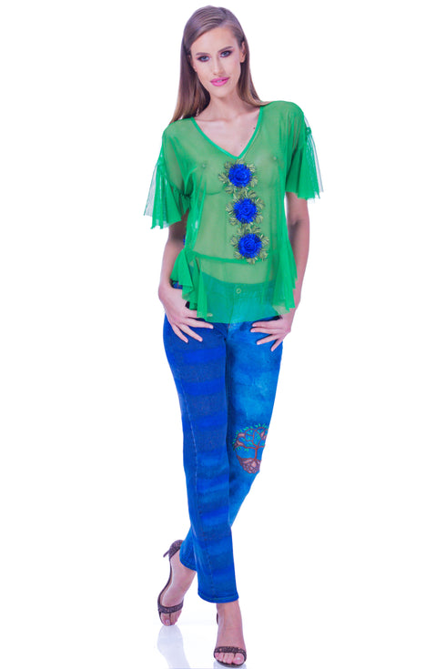 Bluza tul verde cu broderie I-62